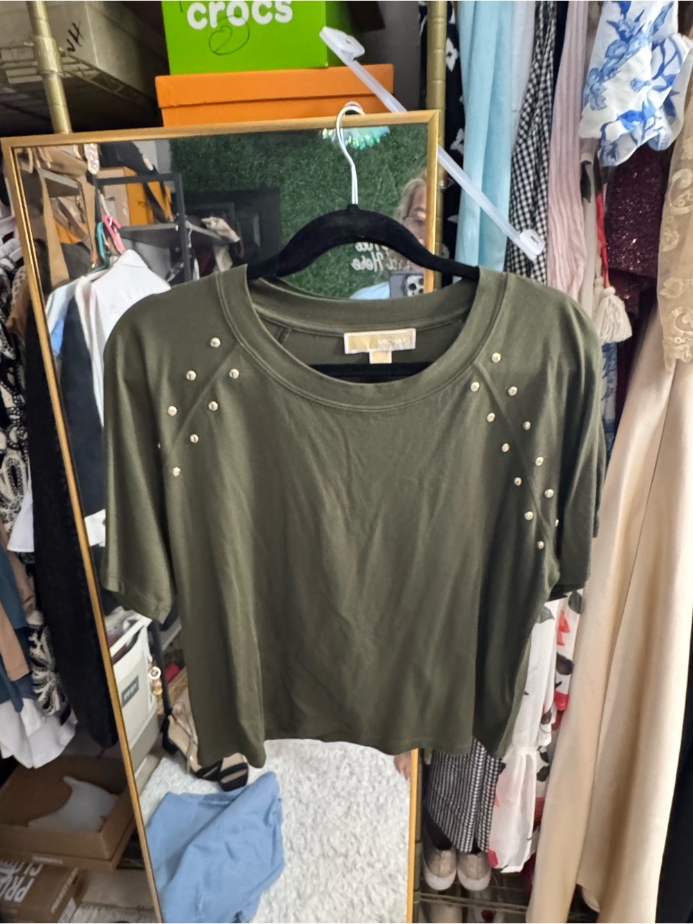 Michael Kors Olive Green Short Sleeve Top with Stud Accents